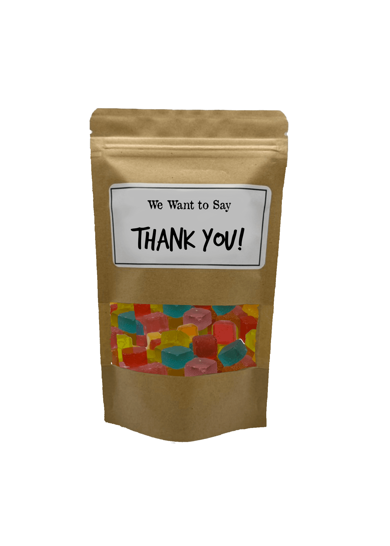 A Thistle & Timber candy bag that says We Want to Say Thank You!